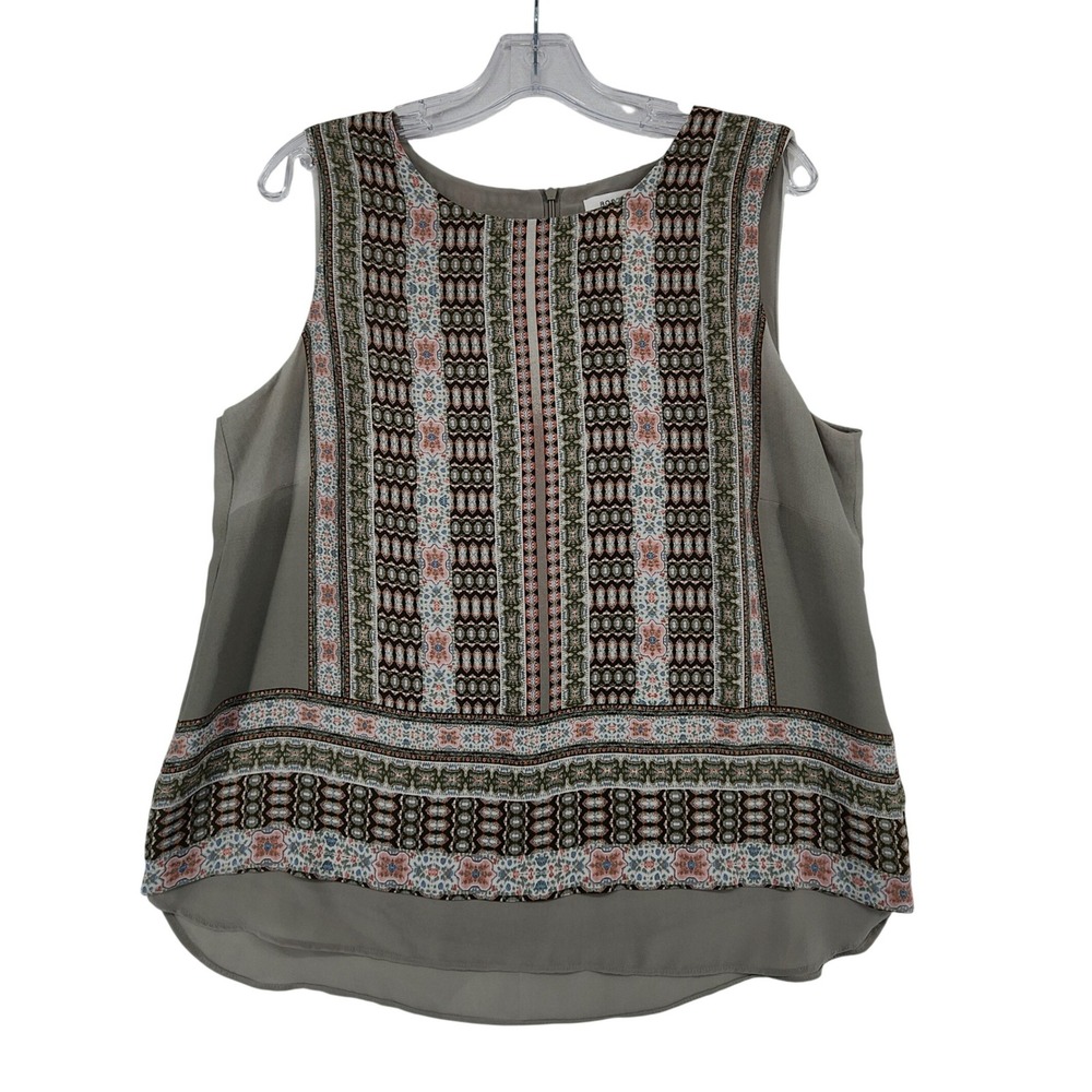 Rose + Olive XL Gray Geometric Print Sleeveless Blouse Boho Chic Layered TopTank
